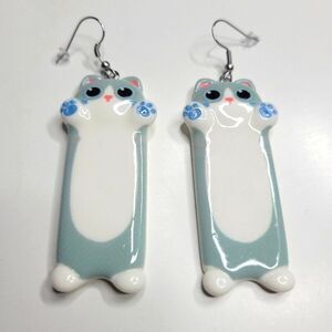 NWT Cat Lady Cute Long Cat Earrings White And Grey Cat Blue Paws Hypoallergenic